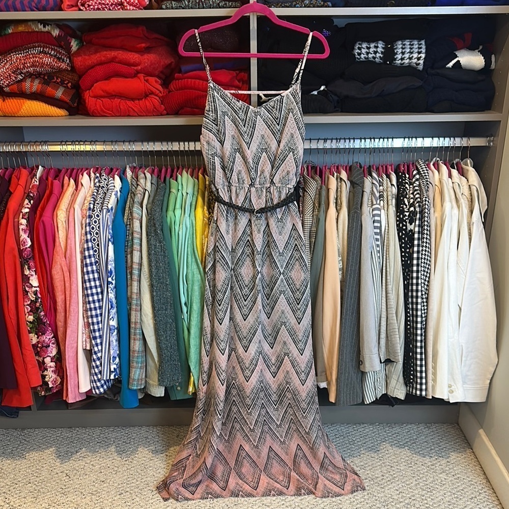 Maurices pink/black print adjustable spaghetti strap lined maxi dress size M